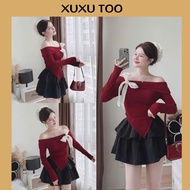 Long-sleeved, off-the-shoulder, body-hugging cross-flap t-shirt with red bow and black 2-layer flare