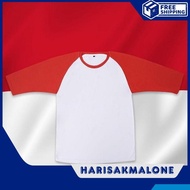 MERAH FREE SHIPPING TSHIRT DISTRO SHIRT RED WHITE REGLAN RAGLAN SLEEVE 3/4 7/8 INDEPENDENCE DAY UNIF