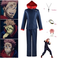 Anime Jujutsu Kaisen Itadori Yuji Cosplay Costume for Adult Men Black Blue Hoodie Jacket Pants Pink Short Wig Necklace Ring for Man Carnival Party Set Uniform