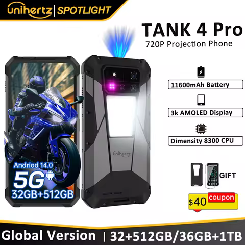 Unihertz by 8849 Tank 4 pro 5G Phone Built-in 720P Projector Dimensity 8300 16GB/18GB 3k AMOLED 1160