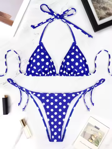 2 Pcs/Set Women's Beach Swimsuit Bikini Set Summer Blue And White Polka Dot Pattern Swimsuit Vacatio