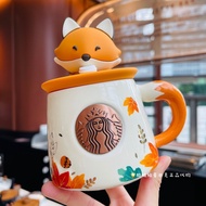 🧡🧡Starbucks 2022 Mid-Autumn Festival Gift Maple Leaf Cute Fox Silicone Cup Lid Foxtail Handle Shaped Ceramic Drinking Mug