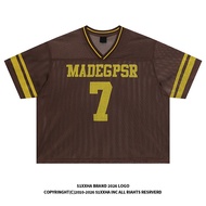51 Hip Hop American Retro Large Mesh V-Neck Jersey T-Shirt Men Street Wear Football Sports Loose Hol