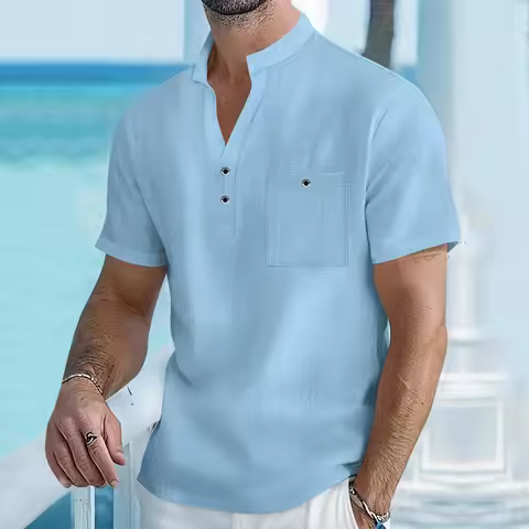 New men's stand up collar short sleeved T-shirt Male Cotton and linen casual top comfortable breatha