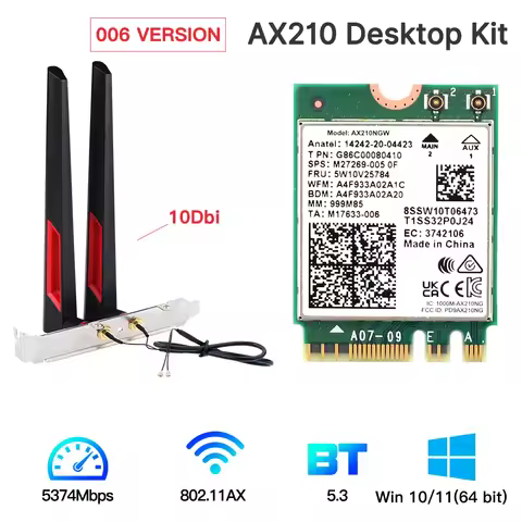 Tri Band 5374Mbps Wifi 6E AX210 M.2 Wifi Wireless Card Bluetooth 5.3 802.11ac/ax AX210NGW With 10dbi