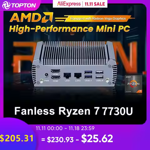 Fanless AMD Mini PC Ryzen 7 7730U 8 Core 16 Threads Gaming Computer Windows 11 2 LANs Firewall Soft 