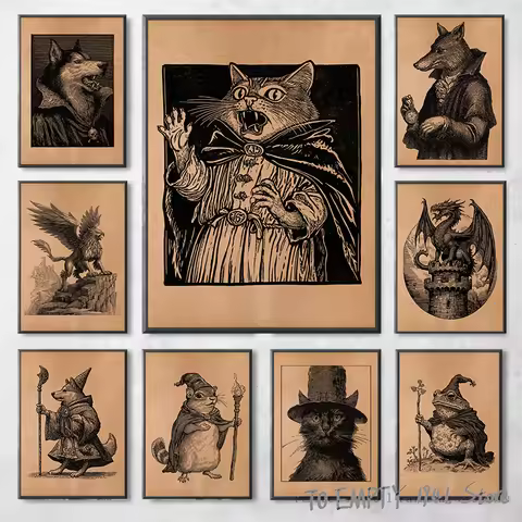 Mythological Witcher Vampire Animals Wizard Frog Dragon Black Cat Vintage Gryphon Poster Canvas Pain