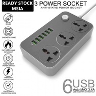 READY STOCK 6 USB Port 3 Universal Power Strip Extension Plug Power Socket Electric Sockets Elektrik