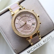 代購 Michael Kors MK手錶 經典 鑲鑽三眼日曆石英錶 金色間粉色時尚潮流女錶MK6326