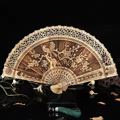 Golden Nanmu Carved Folding Fan Mahogany Hollow Classical Hand Fan with Box Wedding Photography Prop