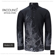Pacolino - (modern fit cut) Black Malaysian men's batik long sleeved batik men's long sleeved shirt 