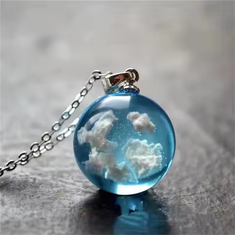 1pc Blue Sky With White Clouds Pattern Round Resin Pendant Necklace Transparent Ball Pendant Sweater