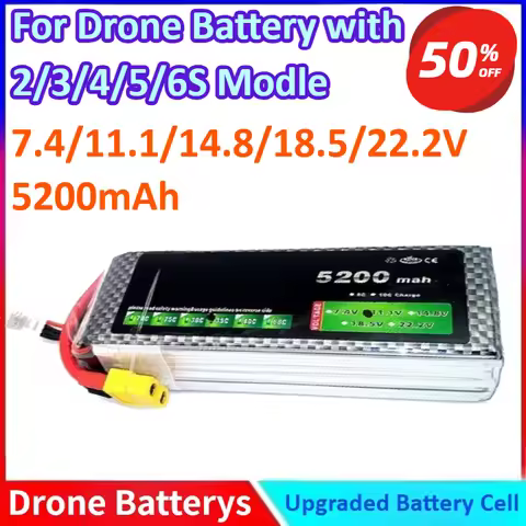 7.4/11.1/14.8/18.5/22.2V 5200mAh 2/3/4/5/6S General-purpose Lipo Battery 60C for Helicopter Aircraft