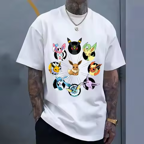 Pokemon Eevee Evolution T-shirt Eeveelutions All Forms Print Men Anime Short Sleeve Cotton Casual St