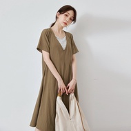 OB Fake Two-Piece Striped V-Neck Umbrella Hem Short-Sleeved Dress < DA10695 >