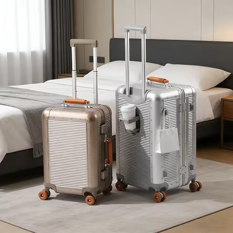 Aluminum Frame PC Luggage 20"/24"/28" Large Capacity Suitcase Silent Jelly Wheels Built-in Cup Holde