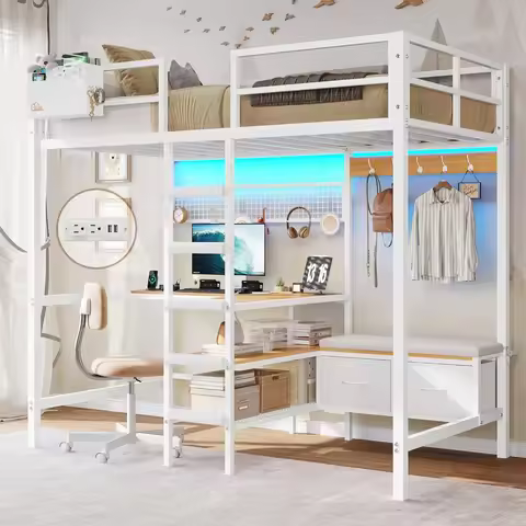 Twin Loft Bed with L-Shaped Desk, Storage Shelves and Charging Station Twin Size Metal Loft Bed with
