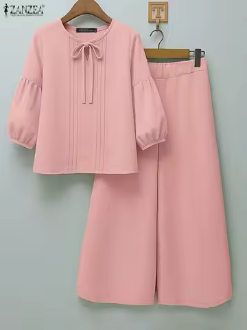 ZANZEA Autumn 2 Pieces Sets Women 2PCS Outfits Pant Sets Casual O Neck 3/4 Sleeve Blouse Trousers So