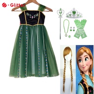 Disney Frozen Anna Cosplay Costume For Kids Girl Mesh Green Sling Princess Dress Wig Crown Wand Accessories Ball Gown Birthday Gifts