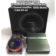 PACKAGE SET BOSOKO 2-Channel AMPLIFIER 1000 Watts, BOSOKO 12" woofer with box 400 watts/500 watts/60