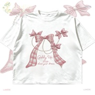 White Oversized T-Shirt Pink Pearl Checkered Ribbon Giddy Up