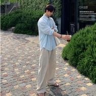 Halley J75 Korean Romantic Halley J75 Linen Long-Sleeved Shirt and Straight-Leg Trousers Set