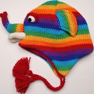 彩虹配色立體大象純羊毛線手工編織全襯防風毛帽子遮耳帽|交換禮