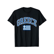 Mens Cotton Greece Flag T-Shirt - Black with Bold Blue GREECE Lettering & Geometric Greek Flag Desi