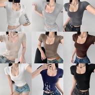 |Chang Studio (9 Colors) Daily Soft Elastic U-Neck Slim-Fit Top Fit Skinny Short T Hot Girl Sexy Eur