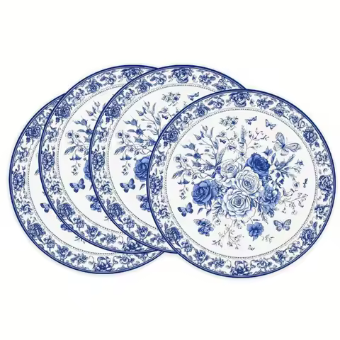 VIKAMA 4PC American Country Placemats Blue And White Flowers Butterfly Elements Waterproof Family Di