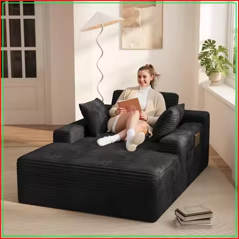 67 Inch Boneless Chaise Lounge Chair with 3 Pillows, Corduroy Oversized Lounge Chair, Black