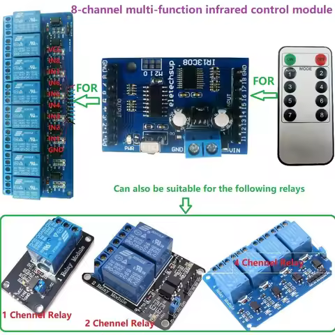 DC 5V 12V Multi-function VS1838 IR infrared control Switch Module for 8 Channel Delay Self-locking I