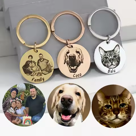 25mm Custom Photo Pet Dog Keychain Engrave Family Member Photo Name Text Keyring Car Key ForMan Wome