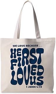 Navy Blue Christian Tote Bag for Women, Bible Verse Canvas Tote Bag, Trendy We Love Because He First