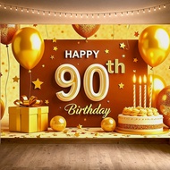 Happy 90th Birthday Decorations,90th Golden Balloon Large Birthday Banner Backdrop Sign,Cheers To Ni