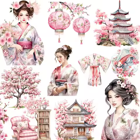 12Pcs/Pack Japanese Sakura Kimono Sticker DIY Craft Scrapbooking Album Junk Journal Decorative Stick
