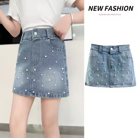 Summer Korean Child Girl High Waist Mini Denim Skirt with Pearls for Age 5 6 7 8 9 10 11 12 13 14 Ye
