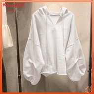 Kauqsdi Solid Color Drawstring Pullover Hoodie Autumn Batwing Sleeve V-Neck Women Sweatshirt Streetw
