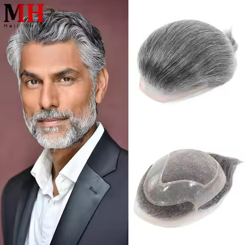 6x8 6x9 7x9 7x10 Grey Toupee for Men Human Hair Prosthesis Breathable Lace Front with Pu Mens Wig Re