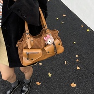 [Ready Stock] Merad Brown Retro Contrast Color Tote Bag Female 5 New High-End Commuter Large-Capacit