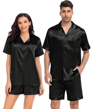 Satin Pajamas Sets Couple Silk Pjs Set Matching Button Down Sleepwear Short Sleeve2 PCS Lounge Set w