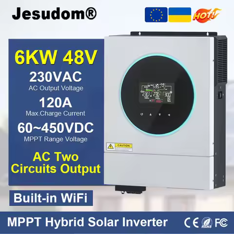 Jesudom Battery Charger Controller 48VDC 6000W 230VAC Off Grid Pure Sine Wave Built-In WiFI LED Ring