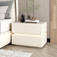 奶油風床頭櫃小型臥室床邊櫃輕奢實木皮質收納櫃免安裝懸空床邊櫃