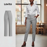 (Fashion_3) Lovito Elegant Pants Button Zipper Spring/summer Grey Pants for Women L143ED043