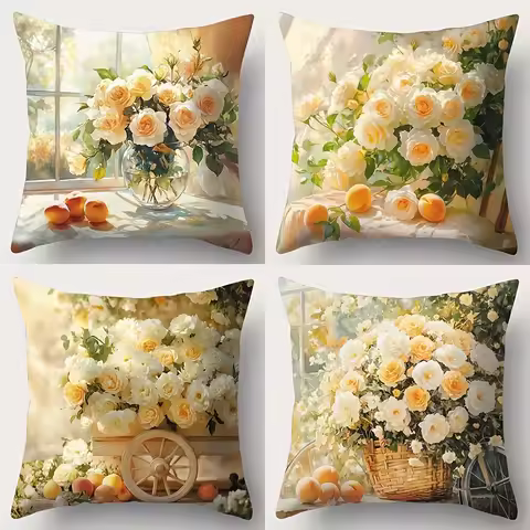 Roses Peach Bouquet Print Pillow Covers Set of 4 Velvet Polyester Decorative Cushion Cover