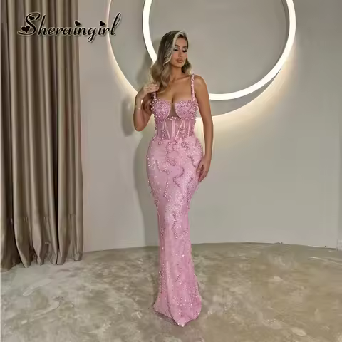 SHERAIN Exquisite Prom Dresses Pearls Spaghetti Straps Column Floor Length Sequin Sparkly Vestidos D