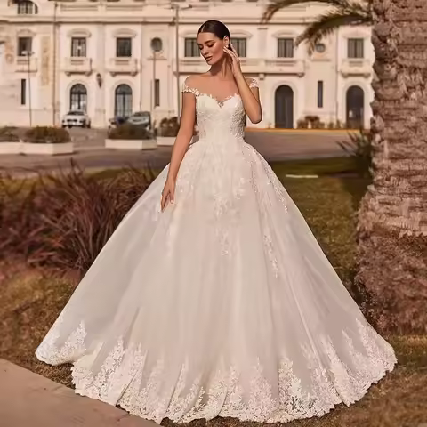 Lace Wedding Dresses Ball Gown Cap Sleeves Tulle Bridal Gown Arabic Dubai Islamic Vestido De Noiva C