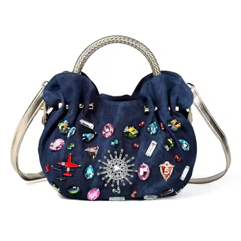 iPinee New Women Denim Bags Sweet Blue Pattern High Quality Handbags With Diamond Ladies Tote Bag Me