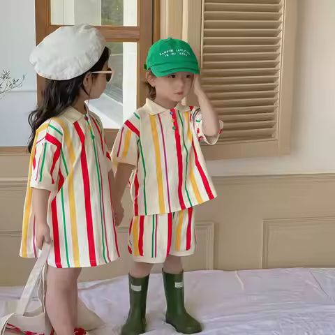 Bellbell Kids Siblings Outfit Summer Children Striped Short Sleeve Dress Thin Turn Down Collar Baby 