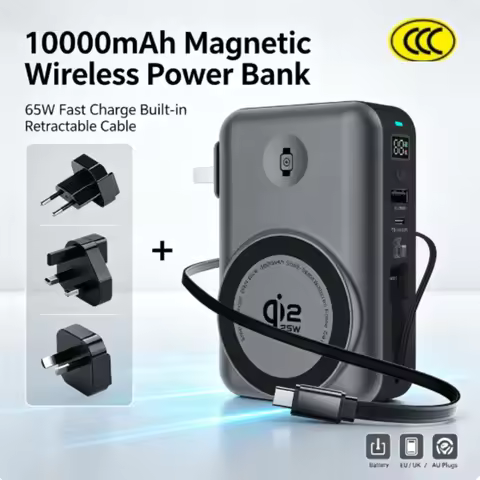 Qi2.2 Magnetic 10000mAh Power Bank 65W GaN Fast Charger Built‑in Retractable Cable AC Plug for Lapto